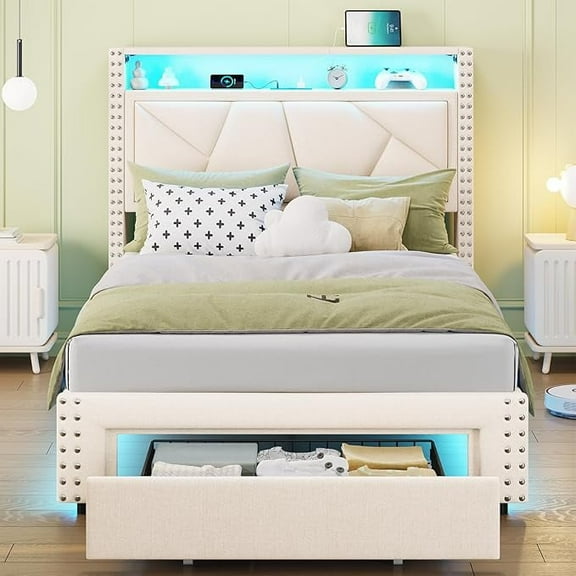 Twin Beds with LED Light and Charging Port, Upholstered Platform Bed with Storage Headboard and 1 Drawer, Geometric Lines, Modern Nailhead Trim, No Box Spring Needed, Beige