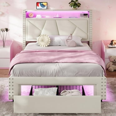AOGLLATI White Twin Bed Frames with LED Lights, Upholstered Platform Bed Frame Twin Size with Storage Headboard and Charging Station, LED Twin Bed Frame, No Box Spring Needed