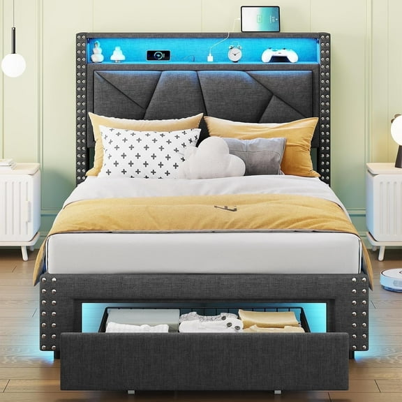 Twin Beds with LED Light and Charging Port, Upholstered Platform Bed with Storage Headboard and 1 Drawer, Geometric Lines, Modern Nailhead Trim, No Box Spring Needed, Dark Gray
