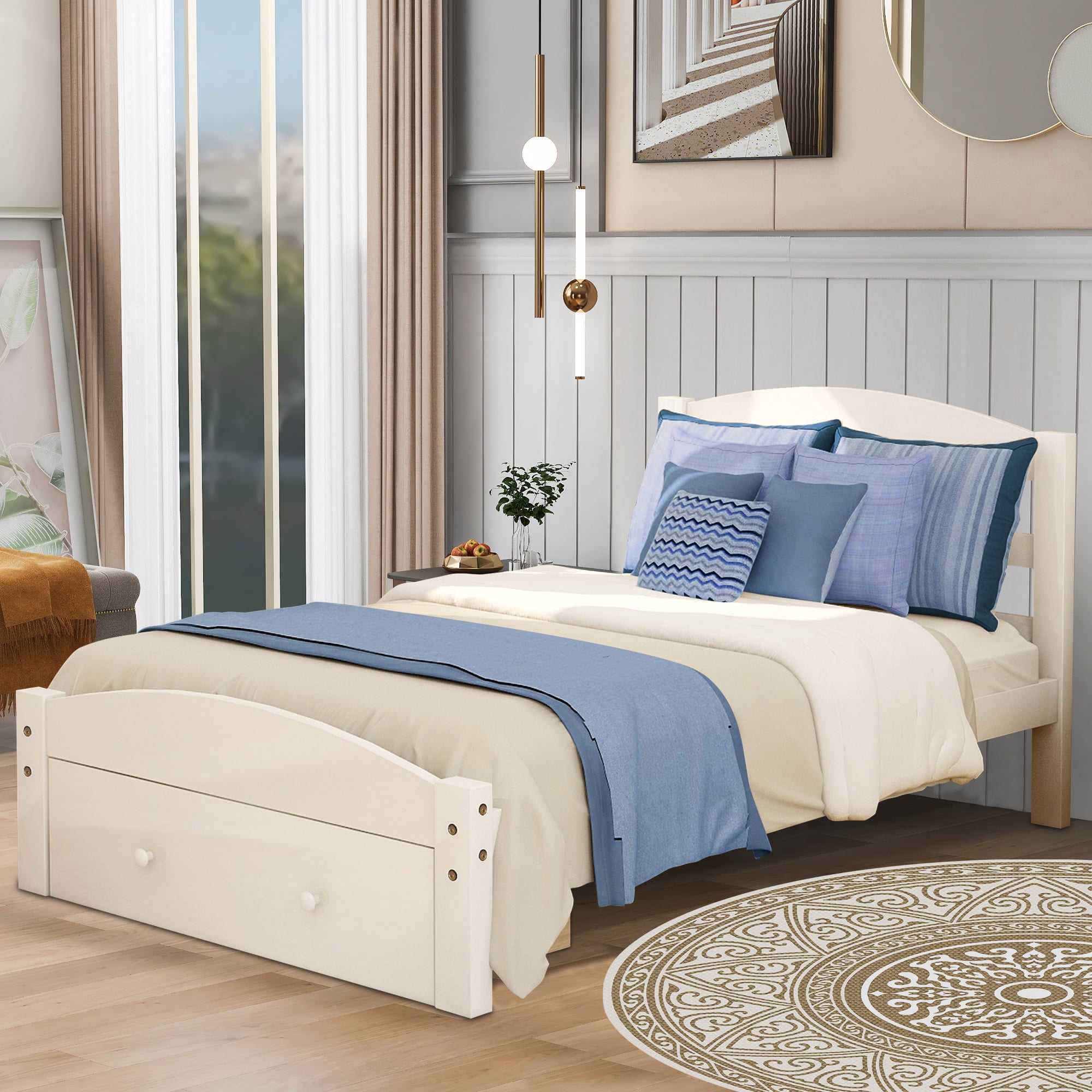 Twin Bed with Storage, Solid Wood Platform Bed Frame, Modern Twin Size Bed Frame with Headboard and Footboard, Bedroom Furniture Twin Platform Bed with Big Drawer, No Box Spring Needed, White