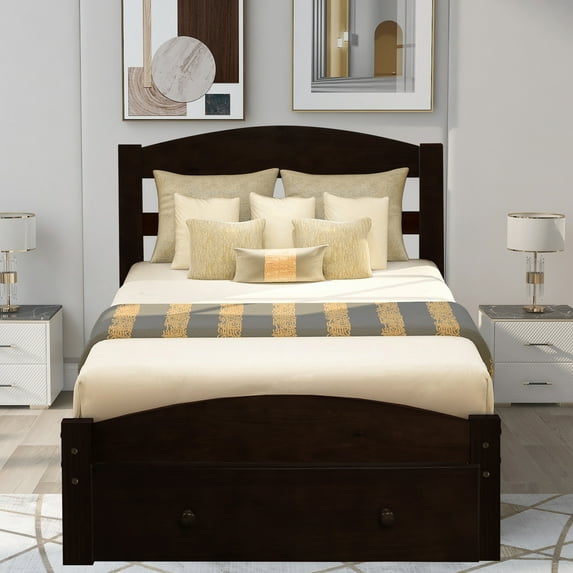 Twin Storage Bed, Solid Wood Platform Bed Frame, Heavy Duty Twin Size Bed Frame with Headboard and Footboard, Bedroom Furniture Wooden Platform Bed with Big Drawer, No Box Spring Needed, Espresso