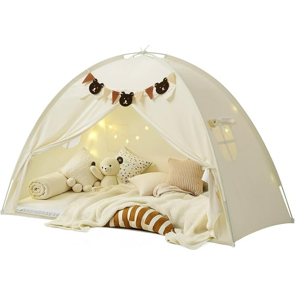 Twin Bed Tent, Bed Canopy Bunk Bed Tent with Stars Light & Flags, Breathable Sleeping Tent, Privacy Space Dream Playhouse for Indoor Floor, Portable Play Tent for Birthday, Beige