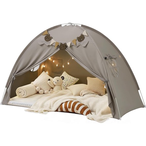 Twin Bed Tent for Kids, Bed Tent Canopy Sleeping Tent Privacy Space Dream Playhouse with Stars Light & Flags, Toddler Indoor Floor Play Tent for Boys & Girls, Birthday Children‘s Gift, Grey