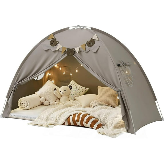 Twin Bed Tent for Kids, Bed Tent Canopy Sleeping Tent Privacy Space Dream Playhouse with Stars Light & Flags, Toddler Indoor Floor Play Tent for Boys & Girls, Birthday Children‘s Gift, Grey