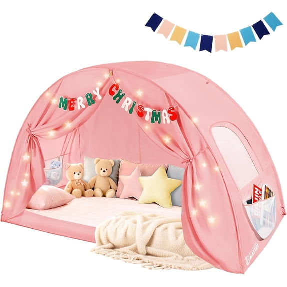 Twin Bed Tent for Kids, Bed Tent Twin Size with Letters & Flags, Privacy Space Bunk Bed Tents, Easy Setup Indoor Floor Bed Canopy, Dream Playhouse Gifts for Toddler, Girls, Boys