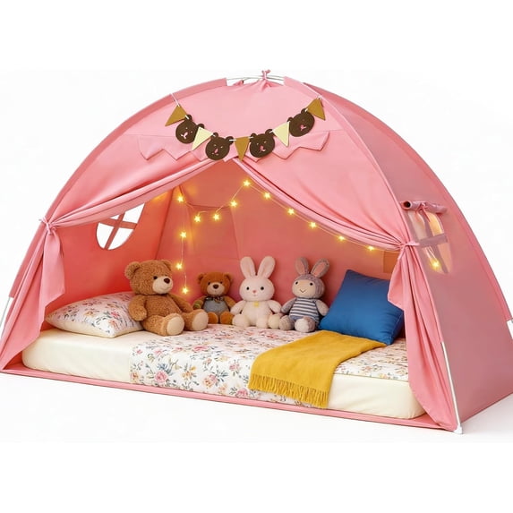 Twin Bed Tent for Kids Pink Breathable Privacy Space with Star Light and Flags