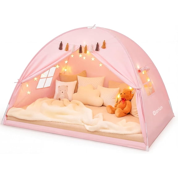Twin Bed Tent for Kids, Indoor Privacy Toddler Sleeping Canopy with Mesh Window, Fits Bunk or Floor Bed, Include Star Lights & Tassels, Cozy Playhouse for Boys Girls Birthday