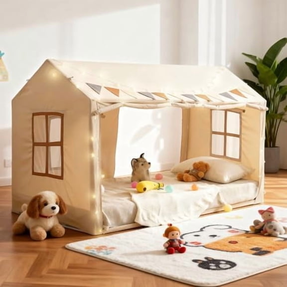 Twin Bed Tent for Kids, Princess Bed Canopy Playhouse with Star Lights, Breathable Private Space Fort Tents, Castle Reading Nook Play Tent for Girls Boys, Beige