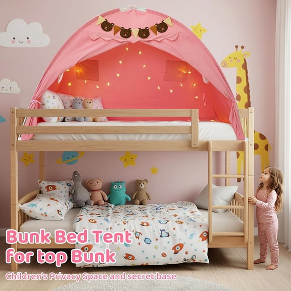 Twin Bed Tent for Kids, Toddler Bed Canopy Play Tent with Stars Light & Flags, Breathable Sleeping Bunk Tent Girls Princess Privacy Space Playhouse for Indoor Bedroom Floor, Birthday Gift, Pink