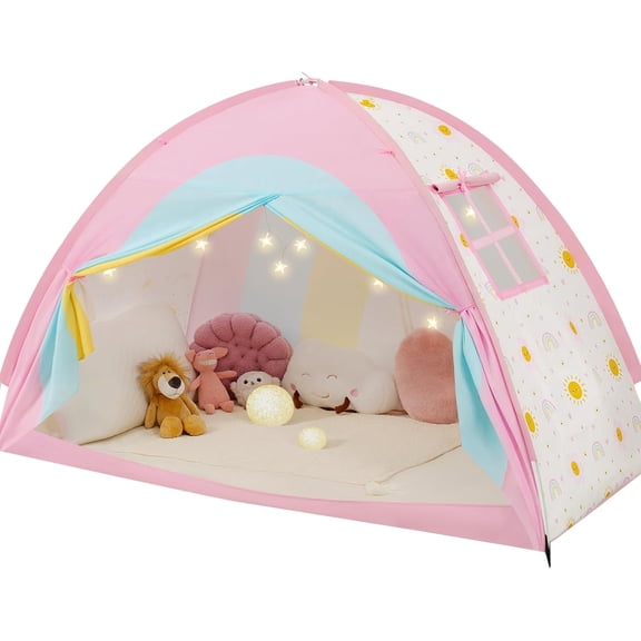 Twin Bed Tent for Kids, Twin Size Bed Canopy with Star Lights, Privacy Space Blackout Sleeping Tents, Indoor Breathable Portable Bunk Bed Tent for Girls, Rainbow
