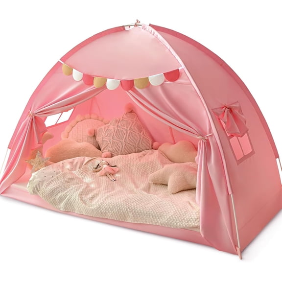 Twin Bed Tent for Kids, Twin Size Bed Tents Indoor Toddler Canopy Privacy Playhouse on Bunk Sleep Inside Drafty Room for Girls, Pink, Kid House Toys for Girl Birthday Gift