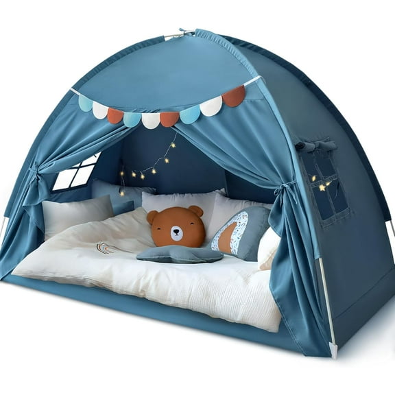Twin Bed Tent for Kids, Twin Size Toddler Canopy Indoor Playhouse Canopy Privacy Tent on Bunk Bed Sleep Inside Drafty Room Kid Toys for Boy Girl Birthday Gift, Blue Jean Color