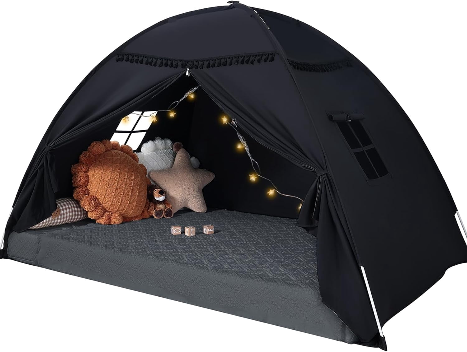 Twin Bed Tent for Kids Indoor, Toddler Bed Canopy with Flags, Twin Size Teepee Tents for Boys Girls Inside Bedroom (Black)