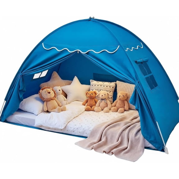 Twin Bed Tent for Kids Indoor, Toddler Bed Canopy with Flags, Twin Size Teepee Tents for Boys Girls Inside Bedroom (Blue)