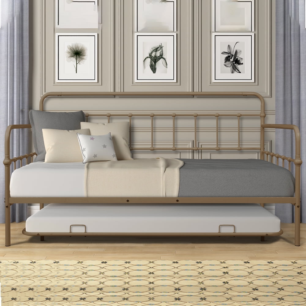 Twin Bed with Trundle Frame Set, Heavy Duty Vintage Metal Daybed wth