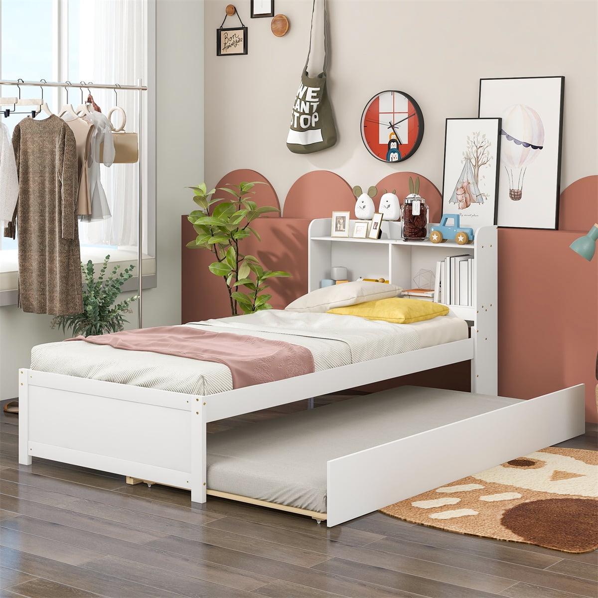White Twin Bed with PullOut Trundle, Underbed Storage, Bookshelf