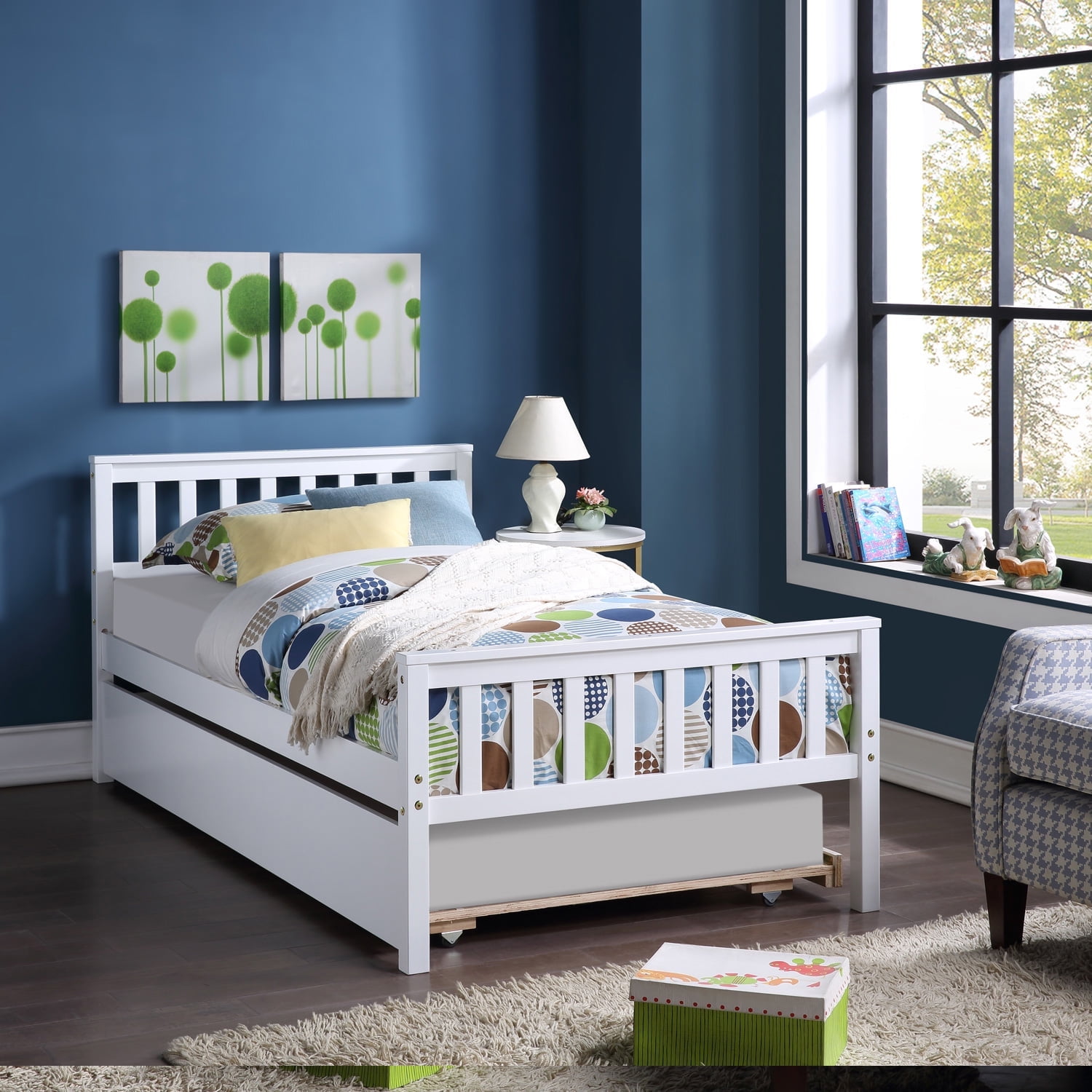 Twin Bed with Trundle Sweden Solid Pine Wood Twin Platform Bed Frame Pull Out Combination Bed with Casters Bedroom Twin Bed with Headboard for Kids