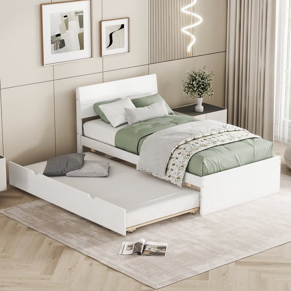 Twin Bed With Creamy White Trundle And High Gloss Headboard For Bedroom Strength Strong Build In Option