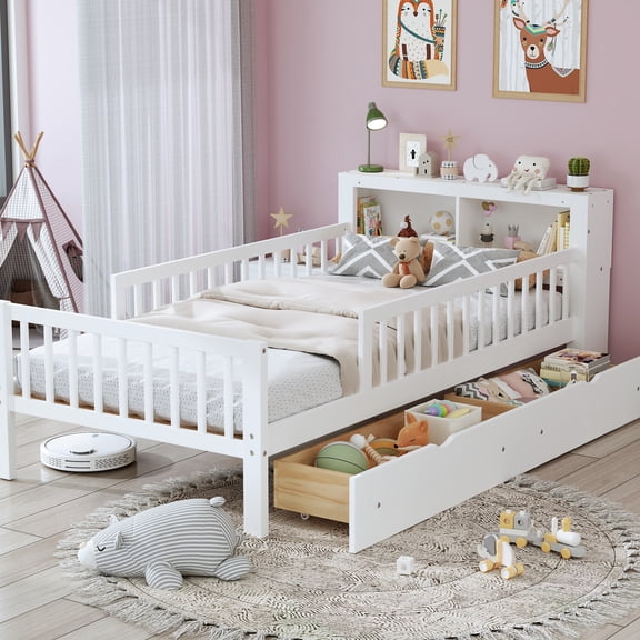 Twin Bed With Headboard Storage & Guardrails - Ample Under White Sturdiness Size Two Drawers Modern