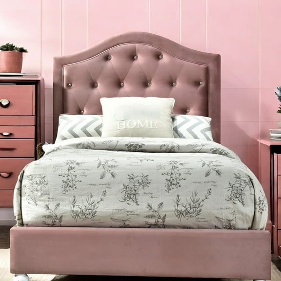 Twin Bed With Pink Cover - Low Profile , Modern Look Arched Headboard In Fabric Design