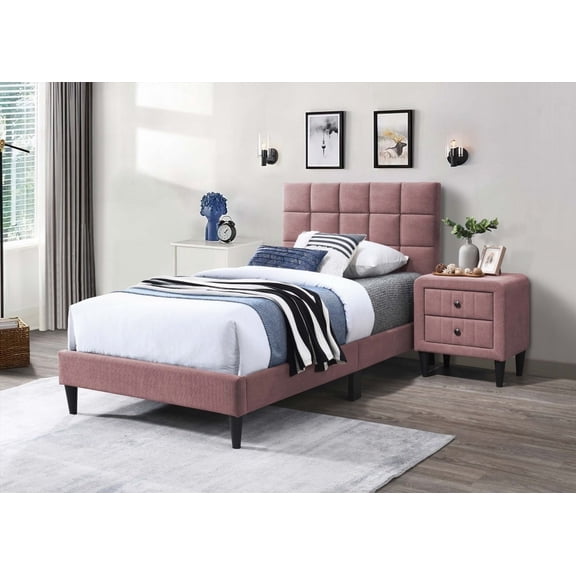 Twin Bed in Brushed Linen Fabric with Biscuit Tufting Headboard
