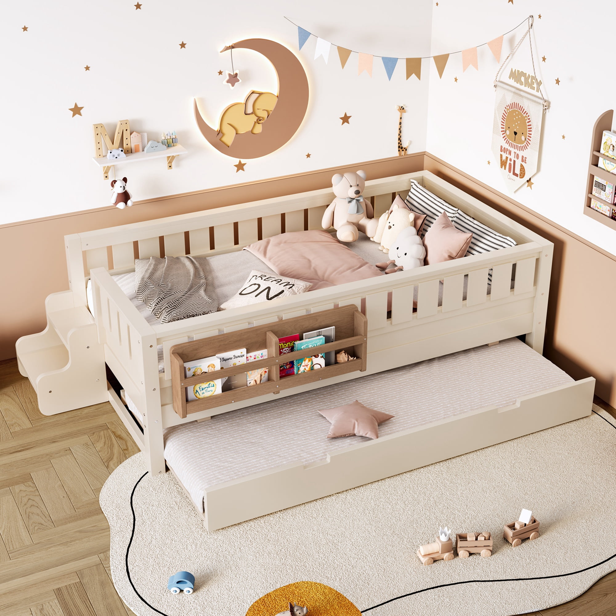 Twin Bed with Bookshelf and Trundle 79.1 Inch, Solid Wood Frame with Staircase and Safety Rails, Space-Saving Kids Bed with Storage, Beige