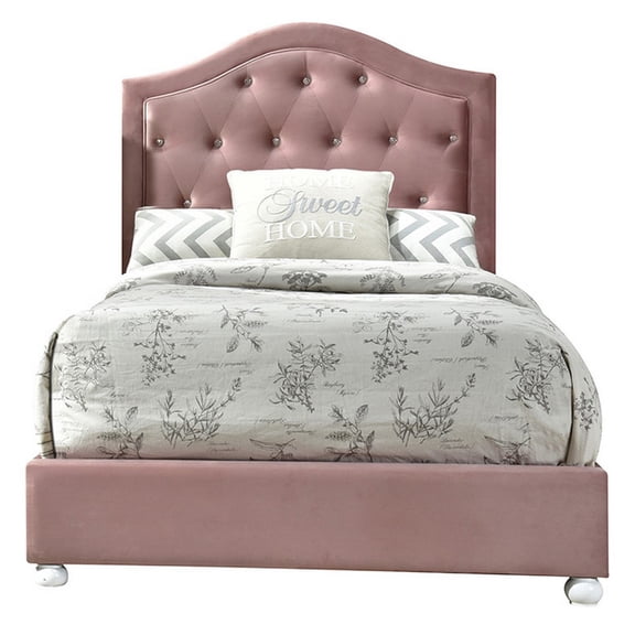 Benjara Twin Bed with Button Tufted Arched Headboard- Pink