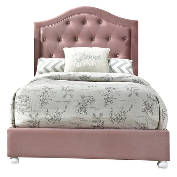 Benjara Twin Bed with Button Tufted Arched Headboard, Pink