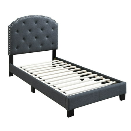 Twin Bed with Button Tufted Scalloped Headboard Gray- Saltoro Sherpi