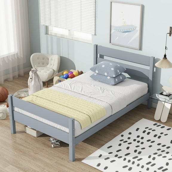 Twin Bed with Headboard and Footboard,Rubber Wood Bed,Grey