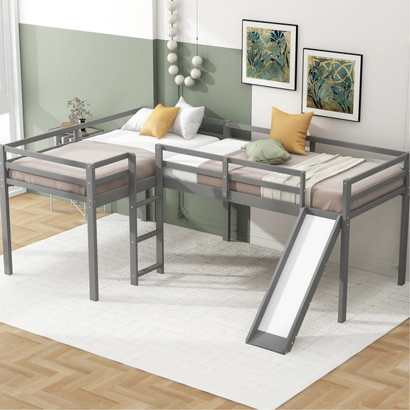 Twin Bed with Ladder, Slide and L-Shaped Design, Gray / Fun and Space-Efficient Bedroom Setup