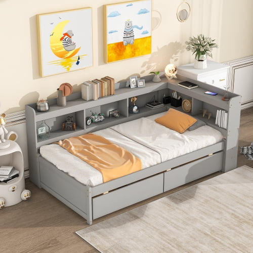 Twin Bed with Storage Bookcase and Drawers Wood Platform Bed with Headboard and Sideboard Twin Size Daybed Frame for Youths Teens Boys Girls Kids