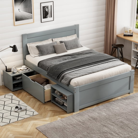 Twin Bed with Storage Drawer, Solid Wood Platform Bed with 2-in-1 Convertible Night Stand-2 Shelves, No Box Spring Needed, Easy Assembly, Gray