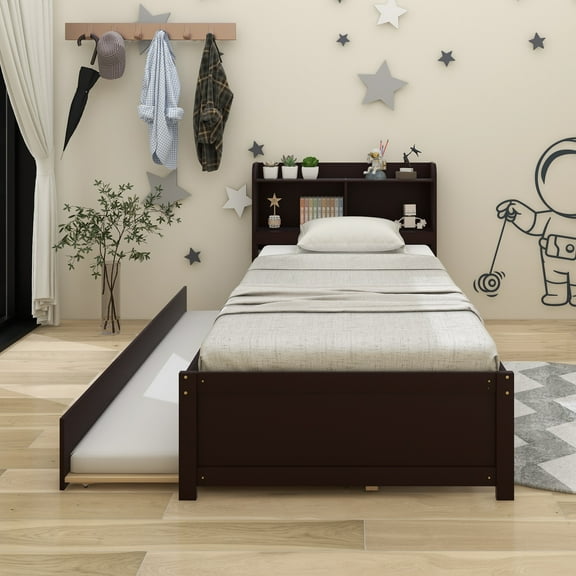 Twin Bed with Trundle,Bookcase,Espresso