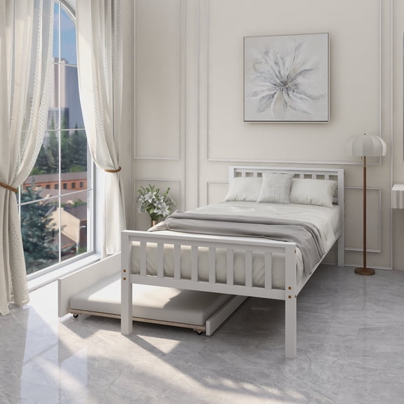 Twin Bed with Trundle, Platform Bed Frame with Headboard and Footboard, for Bedroom Small Living Space,No Box Spring Needed,White