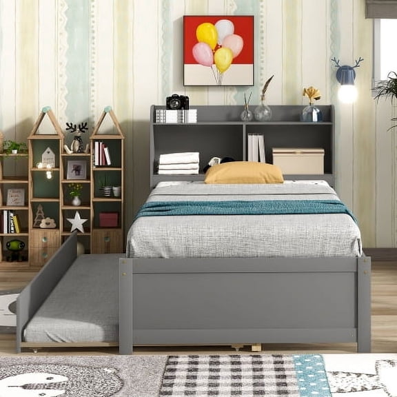 Twin Size Storage Bed with Trundle and Bookcase Headboard, Grey Pine Wood Platform Bed with Pull Out Guest Bed, Space Saving Bedroom Furniture