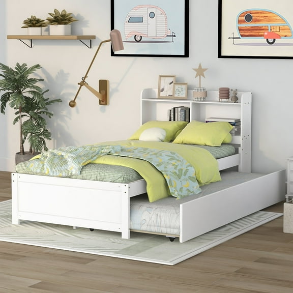 Twin Bed with Trundle and Bookcase Headboard, Wood Twin Size Platform Bed Frame with Storage for Teens, No Box Spring Needed (White)