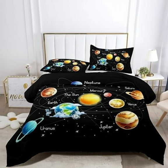 Twin Bedding Sets Space Comforter Sets for Boys Girls-3 Pieces Planets Bedding Set 1 Solar System Comforter and 2 Pillowcases for Kids Lightweight Microfiber for Bed Sofa