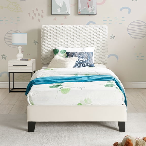 Twin Bedroom Configuration: 3d Upholstered Bed With Modern Nightstand Style Ensemble: Fashionable