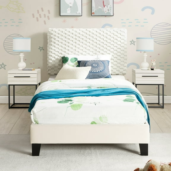 Twin Bedroom Furniture: 3d Upholstered Bed With 2 Nightstands, Construction, White Headboard : And Stunning Nightstands
