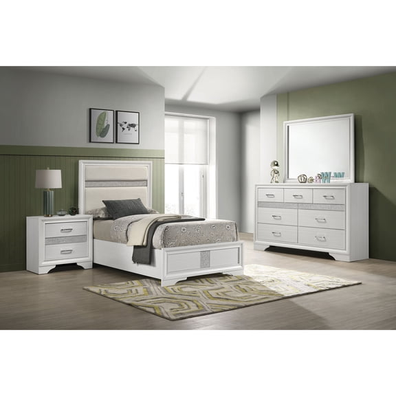 Twin Bedroom Set - 4 Piece White Finish Modern Bed Set with Storage