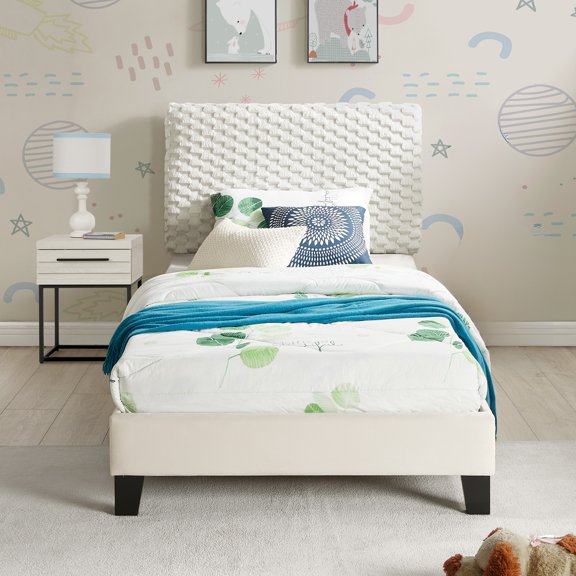 Twin Bedroom Set with Nightstand, 2-Piece Upholstered Platform Bed, Off White Fabric 3D Plush Headboard, No Box Spring Required, Space Saving Nightstand with Drawer