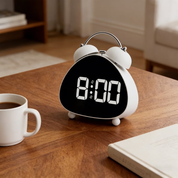Twin Bell Alarm Clock, Cute Triangle Digital Alarm Clock, Bedside Loud Alarm Clocks for Heavy Sleepers Adults, Silent Desk Clock Battery Operated, Small Table Clock for Bedroom Living Room
