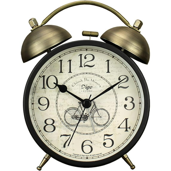 Twin Bell Alarm Clock, Retro Analog Alarm Clock Silent Non-Ticking Quartz with Nigh Light, Small Desk Clock for Bedside Table, Battery Operated (Bike)