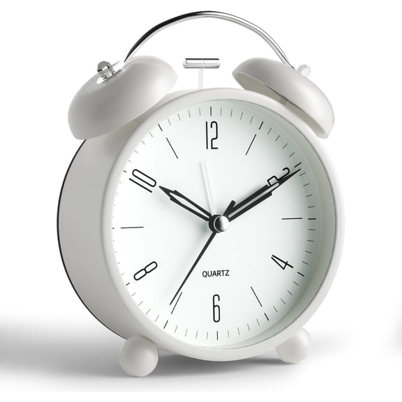 Twin Bell Loud Alarm Analog Alarm Clock, 4 inch Super Silent Non Ticking Small Clock with Night Light, Battery Operated, Simple Design, Old Fashioned, for Heavy Sleeper, Bedroom, Bedside, Desk, White