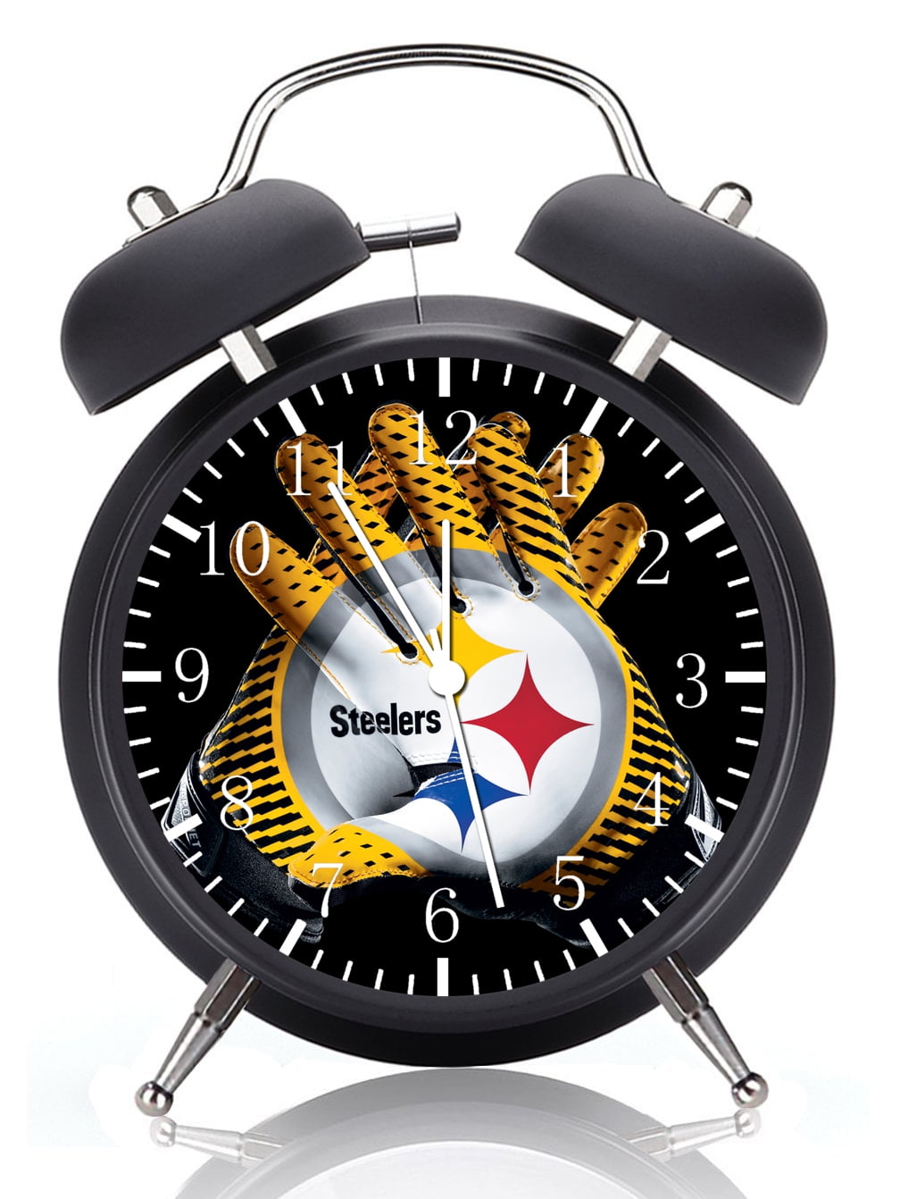 Twin Bell Steelers Alarm Clock with Night Light Quite Silent Non-Ticking 4 Inches Glass Face - Great for Decor  Best Gift Ideas F07