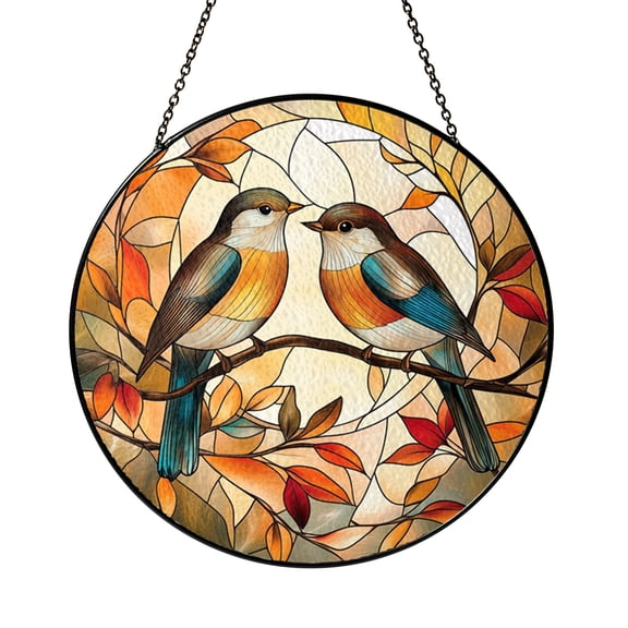 Twin Birds Branch Artwork Glass Suncatcher Round Window Hanging, Cozy Sunset Nature Scene Decorative Window Gift