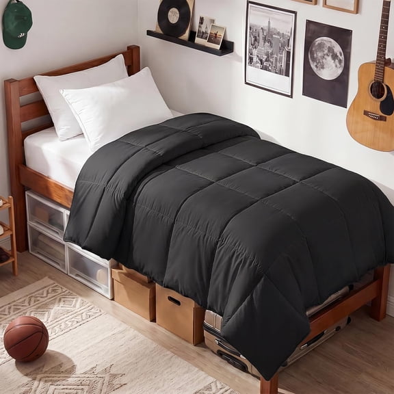 Twin Black Down Alternative Comforter 64x88 Inches Quilted Duvet Insert with Corner Tabs