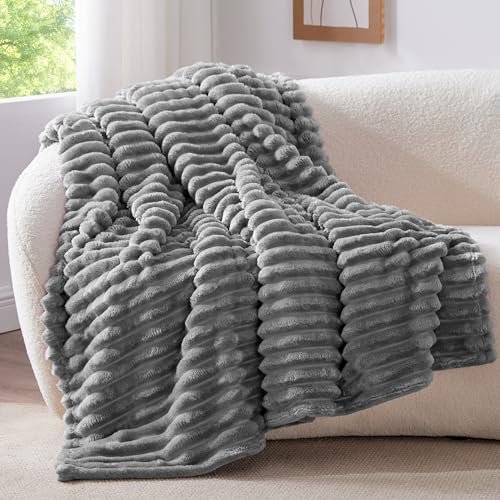 Twin Blanket for Couch & Bed, 300GSM Soft & Warm Fleece Blanket, Decorative and Giftable Striped Grey Blankets for Women, Men, 60"x80"