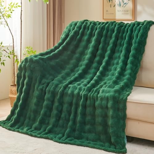 Twin Blanket for Couch Dark Green Super Soft Flannel Fleece 3D Bubble Lightweight Bed Blanket All Season Use (Dark Green, Twin(60"x80"))